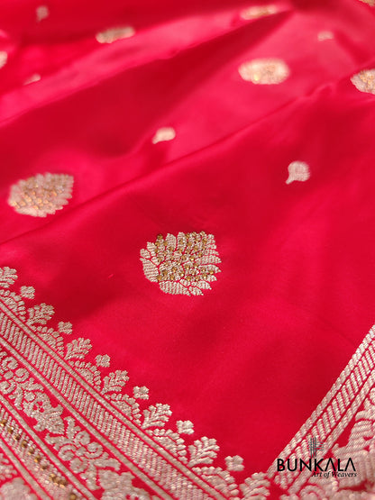 Siroski Bright Red Soft Mashru Silk Allover Small Buti Weaved Banarasi Saree