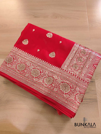 Siroski Bright Red Soft Mashru Silk Allover Small Buti Weaved Banarasi Saree