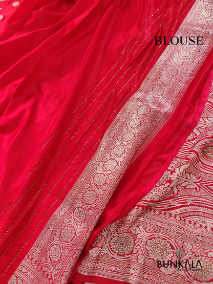 Siroski Bright Red Soft Mashru Silk Allover Small Buti Weaved Banarasi Saree
