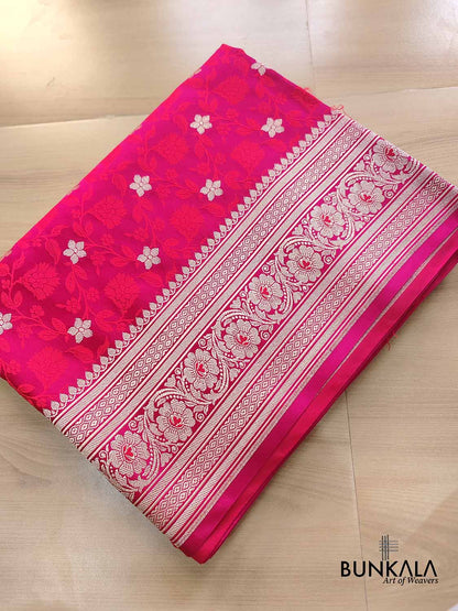 Magenta Pink Floral Buti Jaal Jamewar Weaved Banarasi Soft Mashru Silk Saree