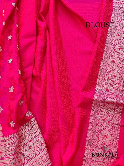 Magenta Pink Floral Buti Jaal Jamewar Weaved Banarasi Soft Mashru Silk Saree