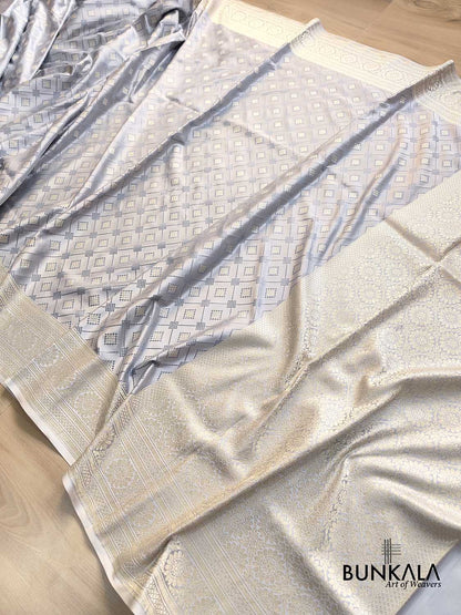 Grey Geometric Pattern Jamewar Weaved Banarasi Soft Mashru Silk Saree