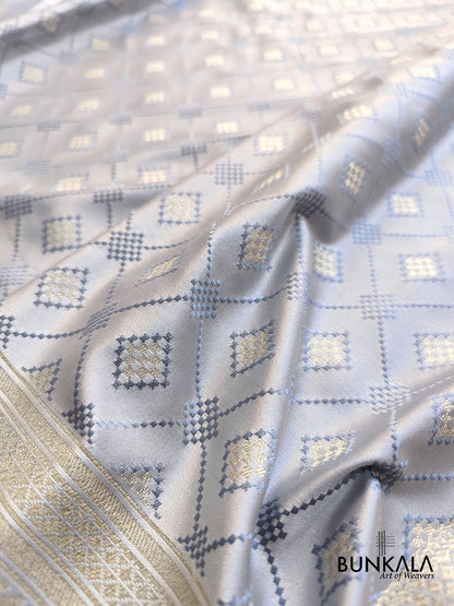 Grey Geometric Pattern Jamewar Weaved Banarasi Soft Mashru Silk Saree