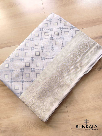 Grey Geometric Pattern Jamewar Weaved Banarasi Soft Mashru Silk Saree