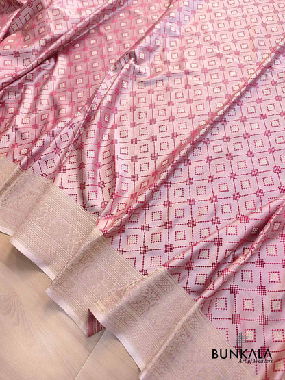 Pastel Baby Pink Geometric Pattern Jamewar Weaved Banarasi Soft Mashru Silk Saree