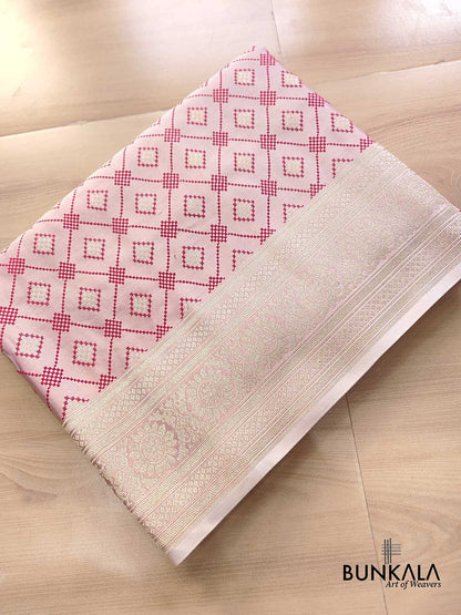 Pastel Baby Pink Geometric Pattern Jamewar Weaved Banarasi Soft Mashru Silk Saree