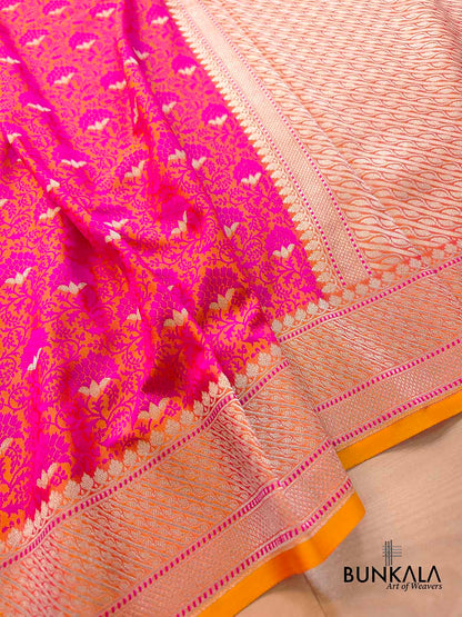 Peach Pink Floral Buti Jaal Jamewar Weaved Banarasi Soft Mashru Silk Saree