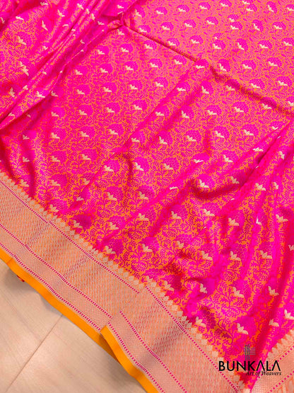 Peach Pink Floral Buti Jaal Jamewar Weaved Banarasi Soft Mashru Silk Saree