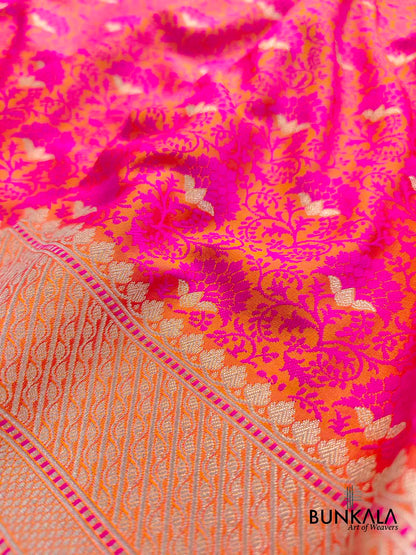 Peach Pink Floral Buti Jaal Jamewar Weaved Banarasi Soft Mashru Silk Saree