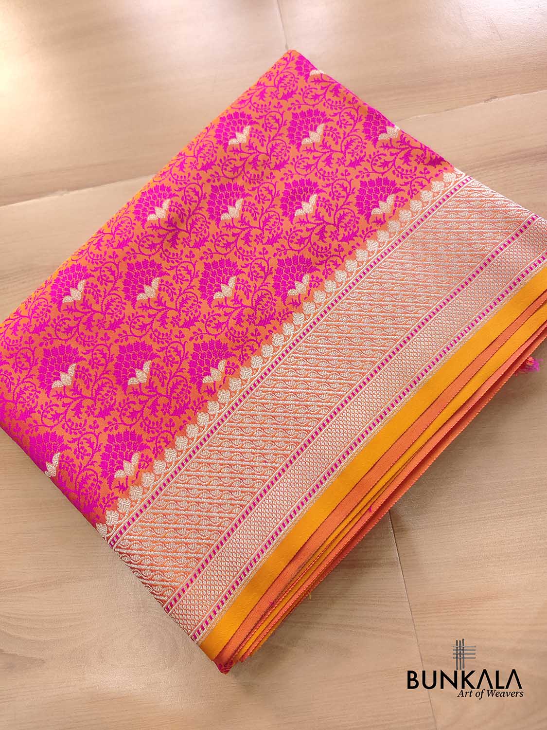 Peach Pink Floral Buti Jaal Jamewar Weaved Banarasi Soft Mashru Silk Saree