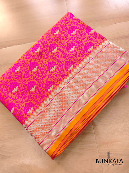 Peach Pink Floral Buti Jaal Jamewar Weaved Banarasi Soft Mashru Silk Saree
