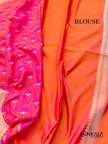 Peach Pink Floral Buti Jaal Jamewar Weaved Banarasi Soft Mashru Silk Saree