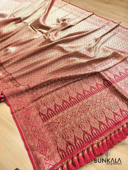 Reddish Maroon Brocade Weaved Banarasi Mashru Silk Saree
