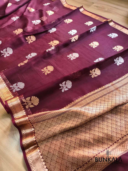 Burgundy Maroon Sona Rupa Floral Buta Handloom Banarasi Pure Organza Silk Saree