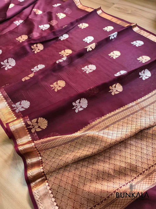 Burgundy Maroon Sona Rupa Floral Buta Handloom Banarasi Pure Organza Silk Saree