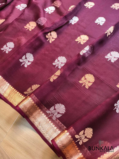 Burgundy Maroon Sona Rupa Floral Buta Handloom Banarasi Pure Organza Silk Saree