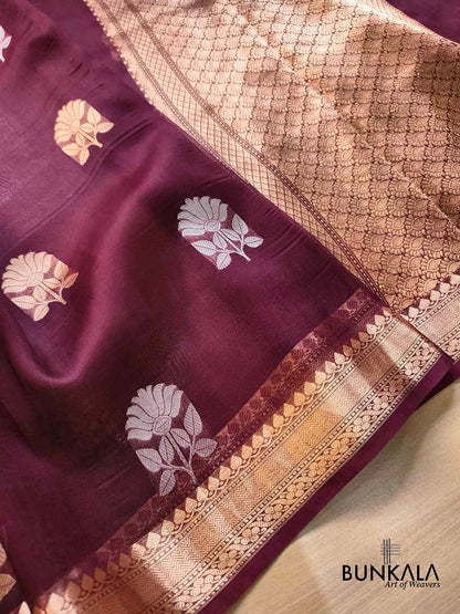 Burgundy Maroon Sona Rupa Floral Buta Handloom Banarasi Pure Organza Silk Saree