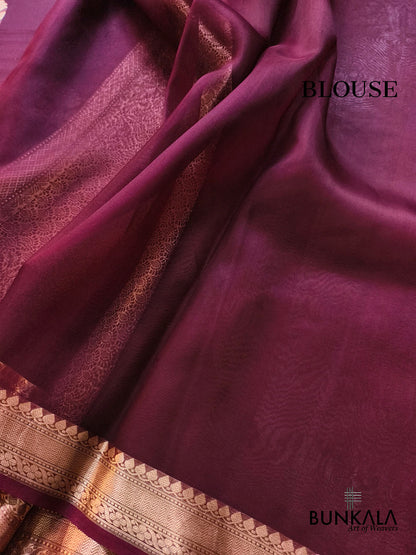 Burgundy Maroon Sona Rupa Floral Buta Handloom Banarasi Pure Organza Silk Saree