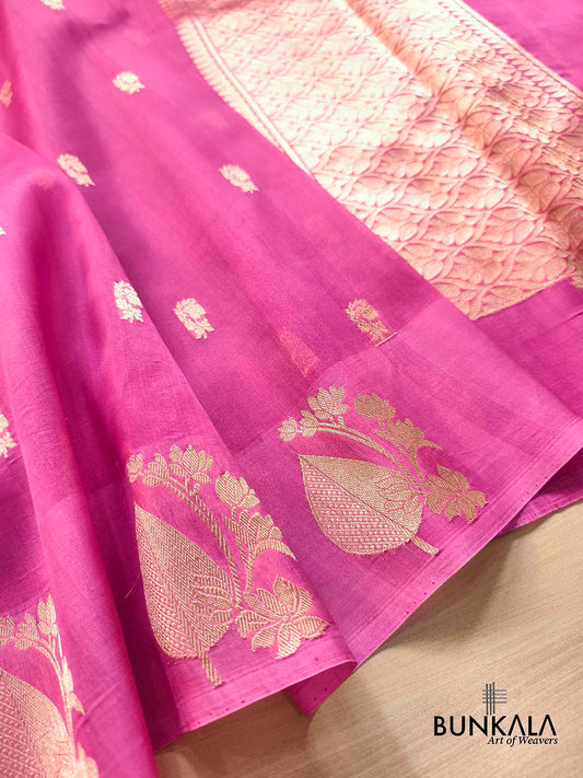 Gazri Pink Sona Zari Buti Handloom Banarasi Pure Organza Silk Saree