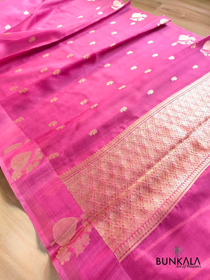 Gazri Pink Sona Zari Buti Handloom Banarasi Pure Organza Silk Saree