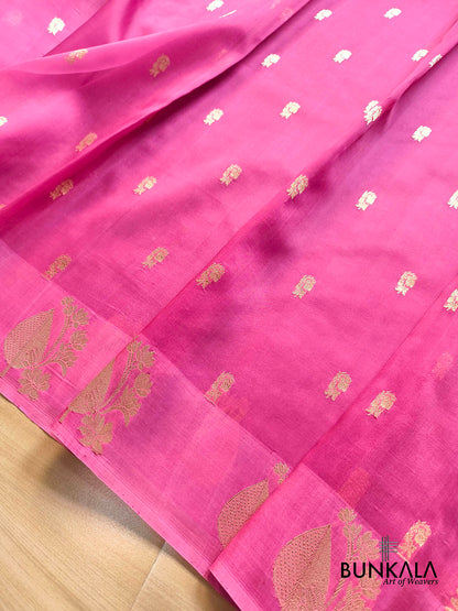 Gazri Pink Sona Zari Buti Handloom Banarasi Pure Organza Silk Saree