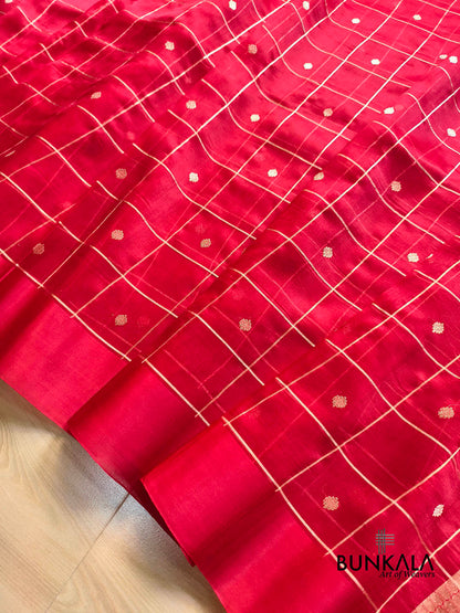 Blood Red Big Checks Handweaved Kadwa Buti Banarasi Pure Organza Silk Saree