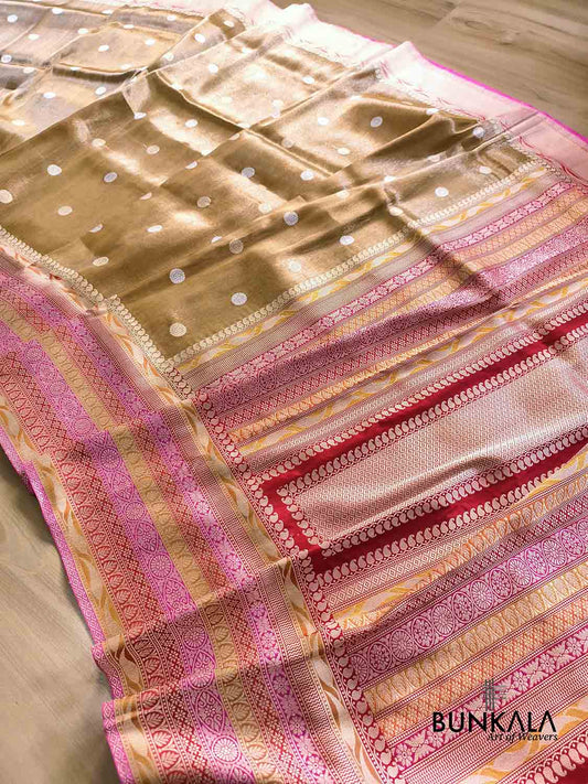 Beige Golden Multi Border Round Buti Kadwa Handweaved Banarasi Pure Tissue Silk Saree