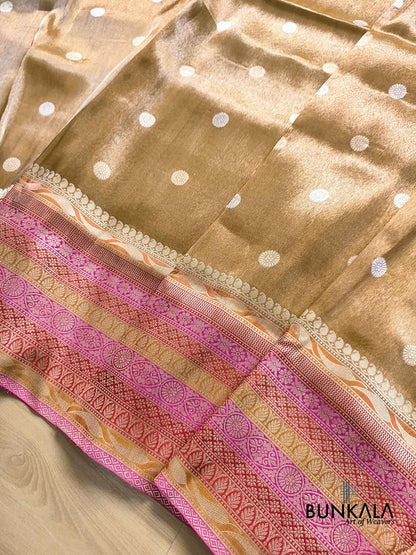 Beige Golden Multi Border Round Buti Kadwa Handweaved Banarasi Pure Tissue Silk Saree