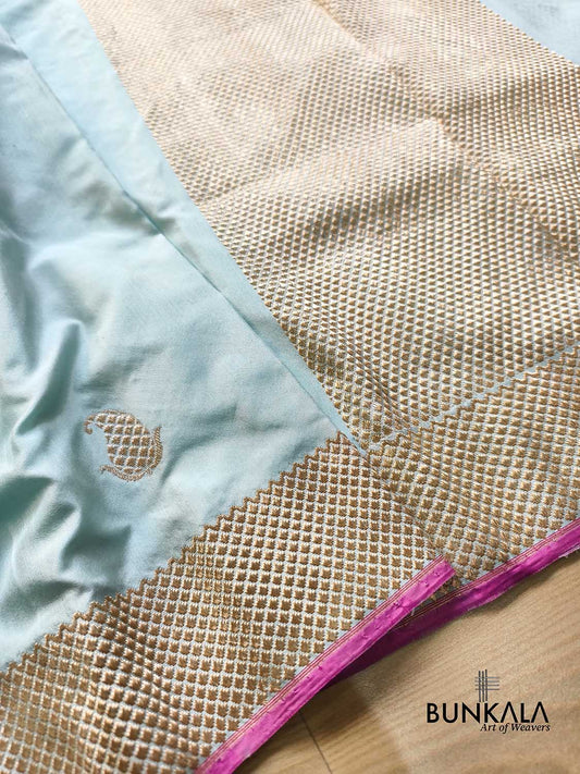 Ice Blue Ektara Designer Border Paisley Buta Kadwa Handloom Banarasi Pure Katan Silk Saree