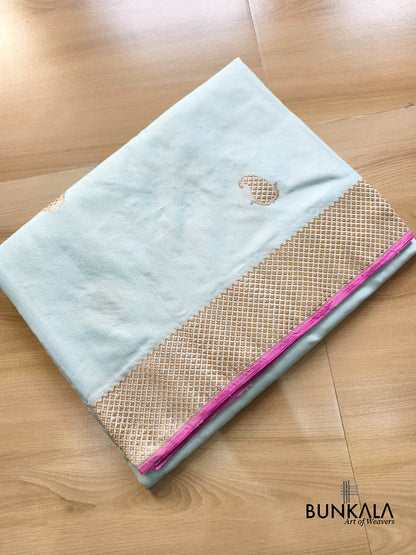 Ice Blue Ektara Designer Border Paisley Buta Kadwa Handloom Banarasi Pure Katan Silk Saree