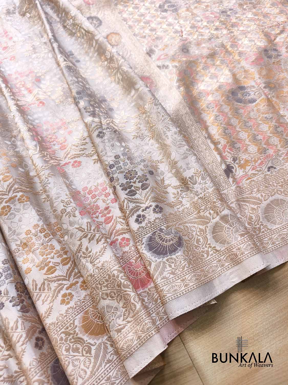 Ivory Brocade Floral Meenakari Weaved Banarasi Mashru Silk Saree