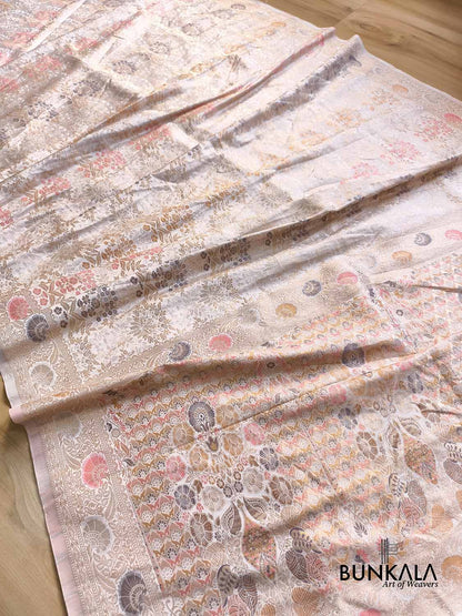 Ivory Brocade Floral Meenakari Weaved Banarasi Mashru Silk Saree