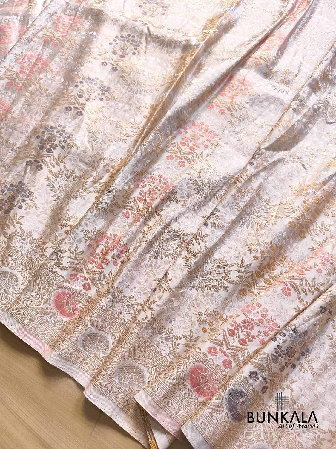 Ivory Brocade Floral Meenakari Weaved Banarasi Mashru Silk Saree