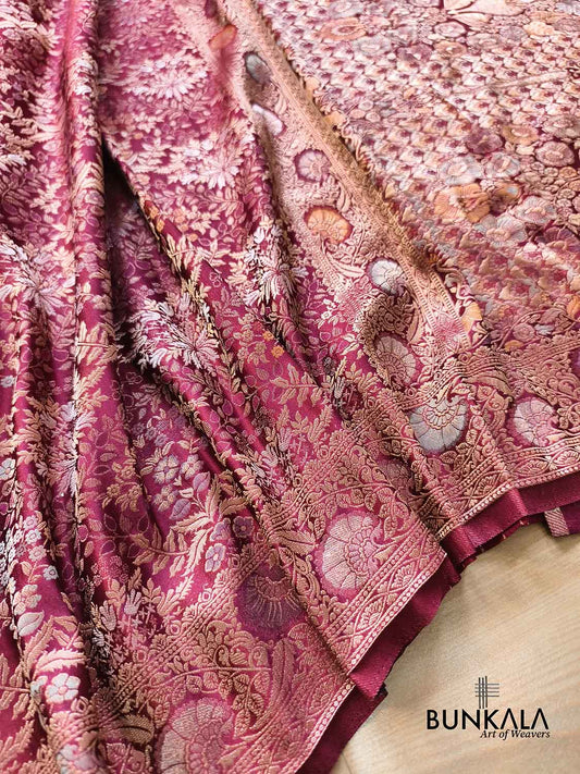 Burgundy Brocade Floral Meenakari Weaved Banarasi Mashru Silk Saree
