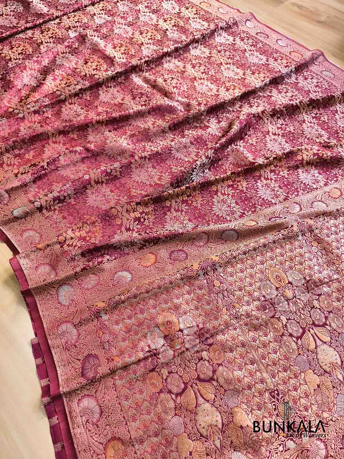 Burgundy Brocade Floral Meenakari Weaved Banarasi Mashru Silk Saree