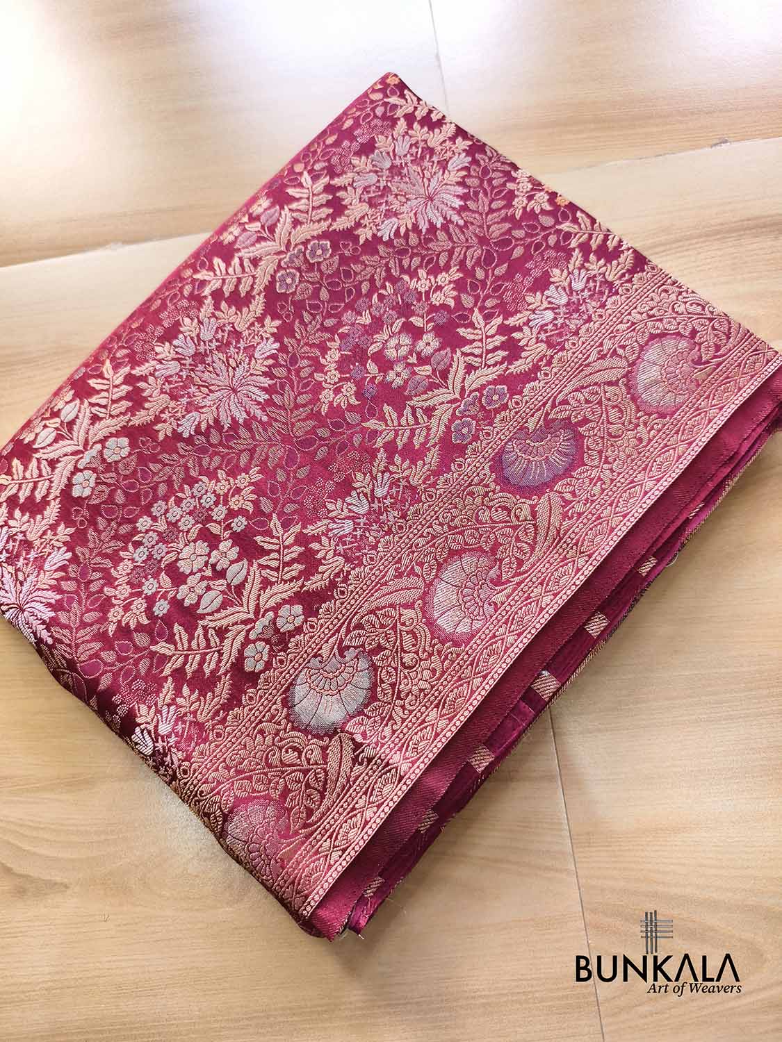 Burgundy Brocade Floral Meenakari Weaved Banarasi Mashru Silk Saree