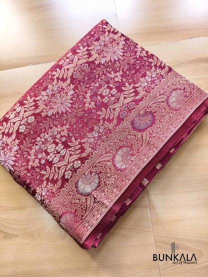 Burgundy Brocade Floral Meenakari Weaved Banarasi Mashru Silk Saree