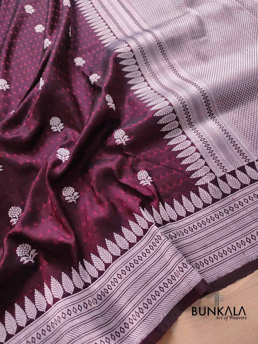Wine Pure Katan Silk Jamewar Geometrical Design Silver Zari Kadwa Handweaved Allover Small Buti Banarasi Saree