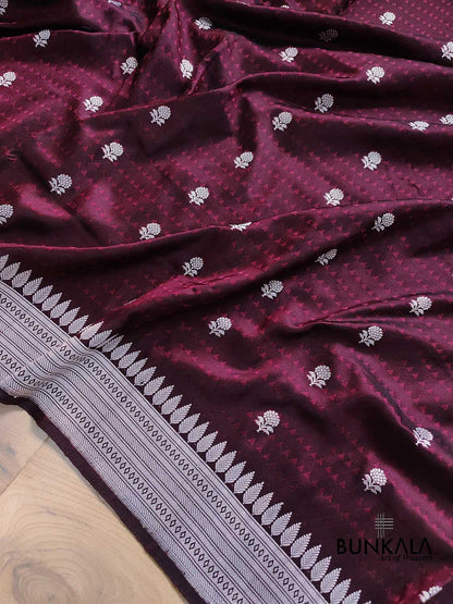 Wine Pure Katan Silk Jamewar Geometrical Design Silver Zari Kadwa Handweaved Allover Small Buti Banarasi Saree