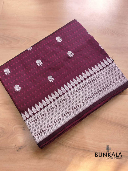 Wine Pure Katan Silk Jamewar Geometrical Design Silver Zari Kadwa Handweaved Allover Small Buti Banarasi Saree