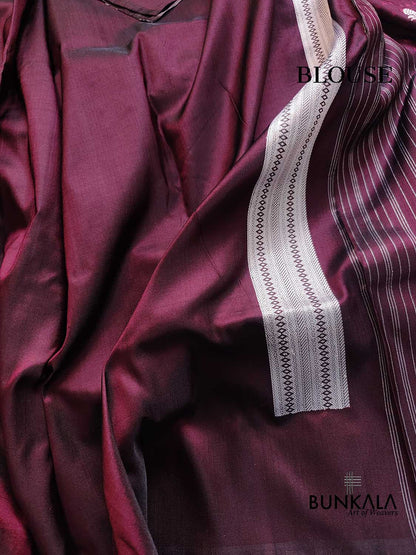 Wine Pure Katan Silk Jamewar Geometrical Design Silver Zari Kadwa Handweaved Allover Small Buti Banarasi Saree