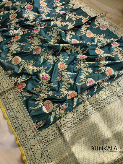 Bottle Green Pure Katan Silk Kadwa Handweaved Meenakari Jangla Design Banarasi Saree