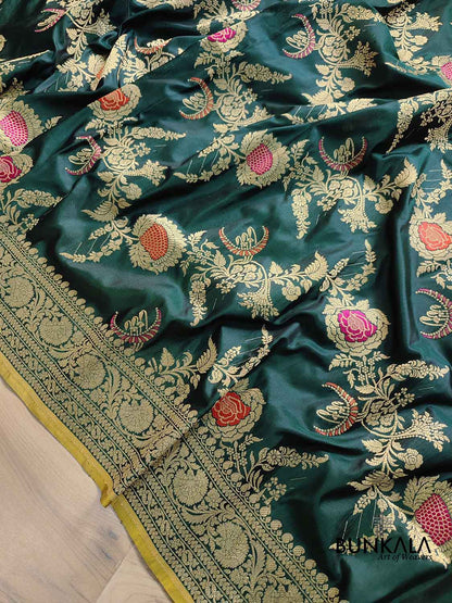 Bottle Green Pure Katan Silk Kadwa Handweaved Meenakari Jangla Design Banarasi Saree