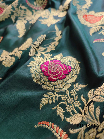 Bottle Green Pure Katan Silk Kadwa Handweaved Meenakari Jangla Design Banarasi Saree