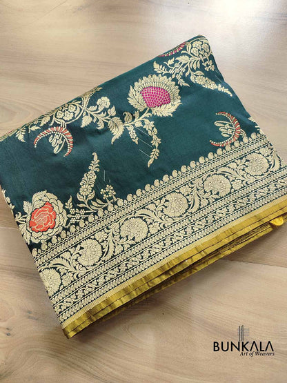 Bottle Green Pure Katan Silk Kadwa Handweaved Meenakari Jangla Design Banarasi Saree