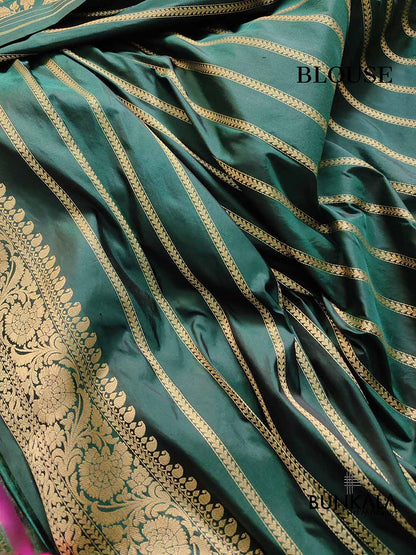 Bottle Green Pure Katan Silk Kadwa Handweaved Meenakari Jangla Design Banarasi Saree