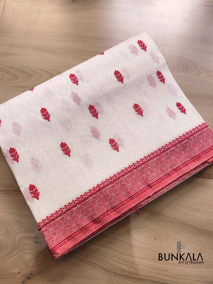 White and Red Pure Linen Silk Resham Kadwa Handweaved Allover Small Buti Banarasi Saree