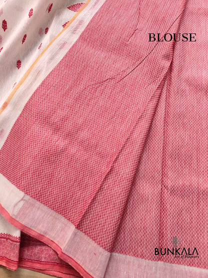 White and Red Pure Linen Silk Resham Kadwa Handweaved Allover Small Buti Banarasi Saree