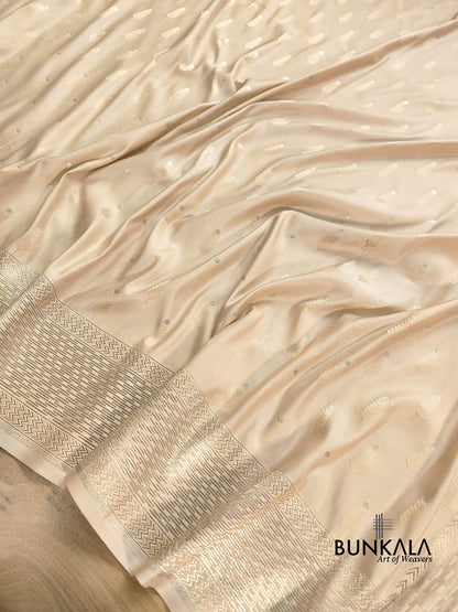 Beige Mashru Silk Jamewar Weaved Soft Mashru Silk Allover Buti Banarasi Saree