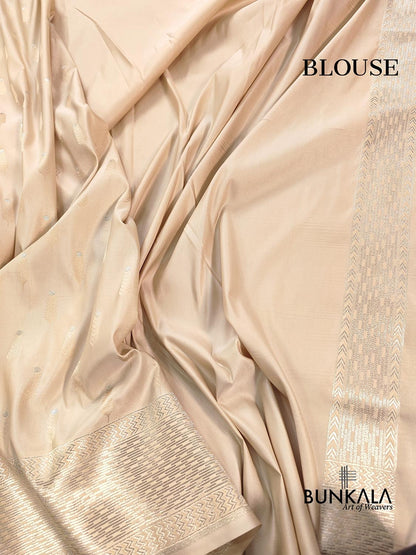 Beige Mashru Silk Jamewar Weaved Soft Mashru Silk Allover Buti Banarasi Saree